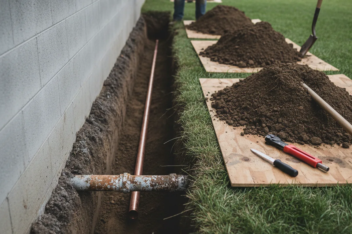 Excavated water line trench during Water Heater Repair in Laurelville